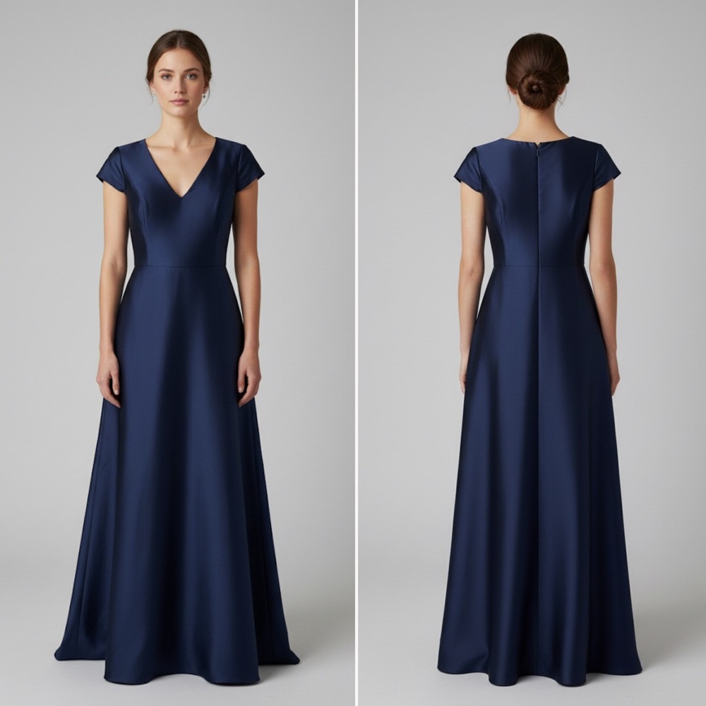 NEW | ALFRED SUNG | Cap Sleeve V-Neck Satin Dress In Midnight Blue | Sz 6